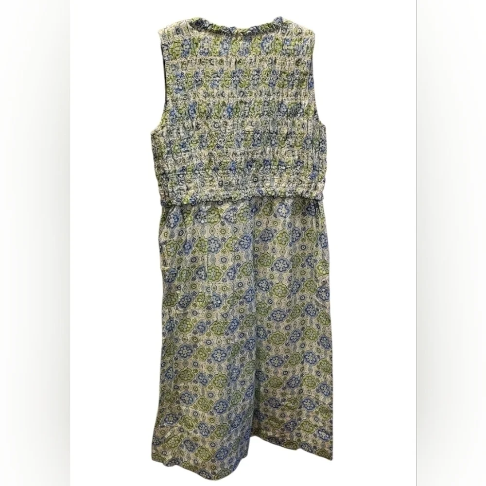 J. McLaughlin Ciri Smocked Maxi Dress Linen Cotton Seaside Tile Blue Green Sz XL - Picture 3 of 8